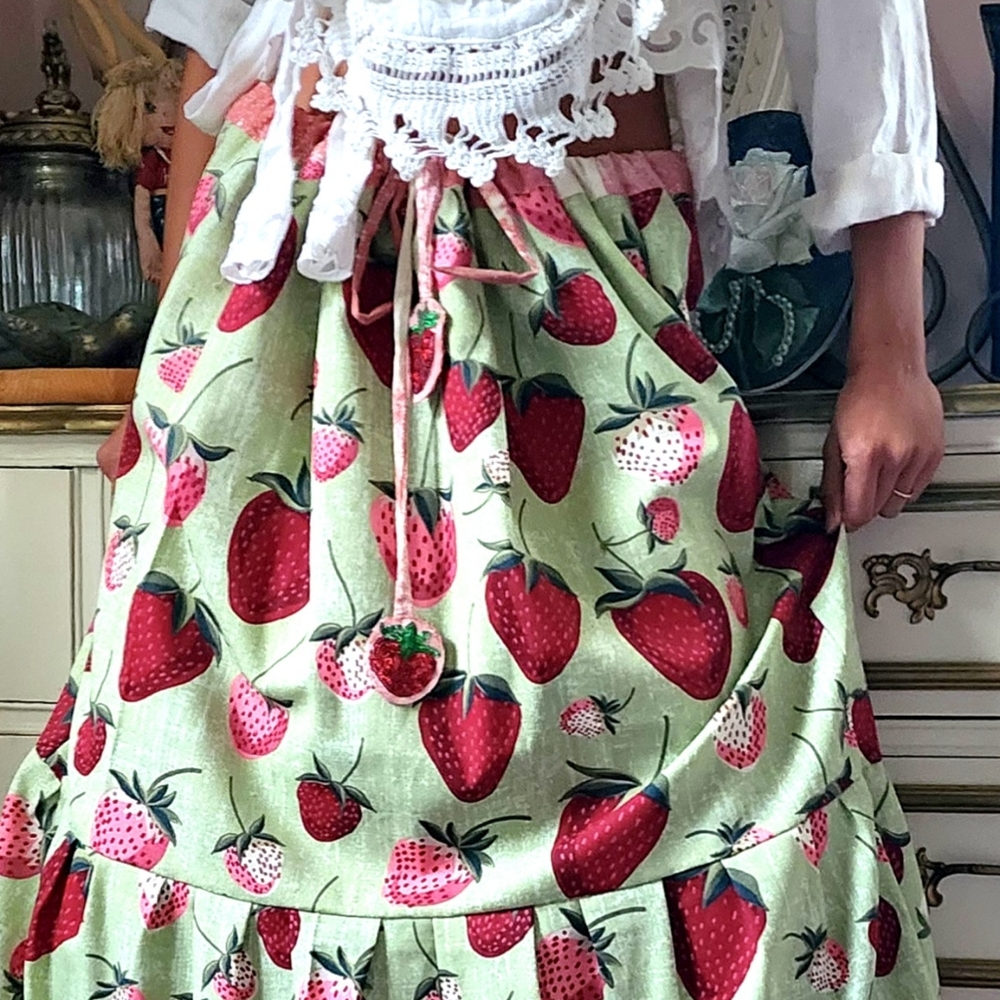 SOLD OUT✅️Designer Boho Maxi Skirt Upcycled Rare Strawberry Cottage Shabby Chic - Picture 6 of 16